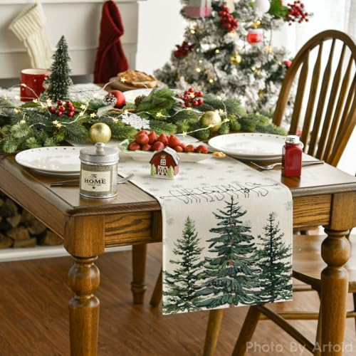 Beige Pine Tree Snowflake Christmas Table Runner, Winter Holiday Kitchen Dining Table Decor, 13 x 72 Inch Z426