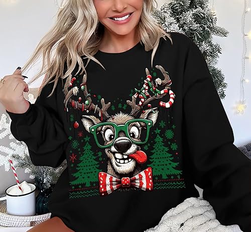 Funny Reindeer Graphic Sweatshirt Oversized Christmas Pullover J1348