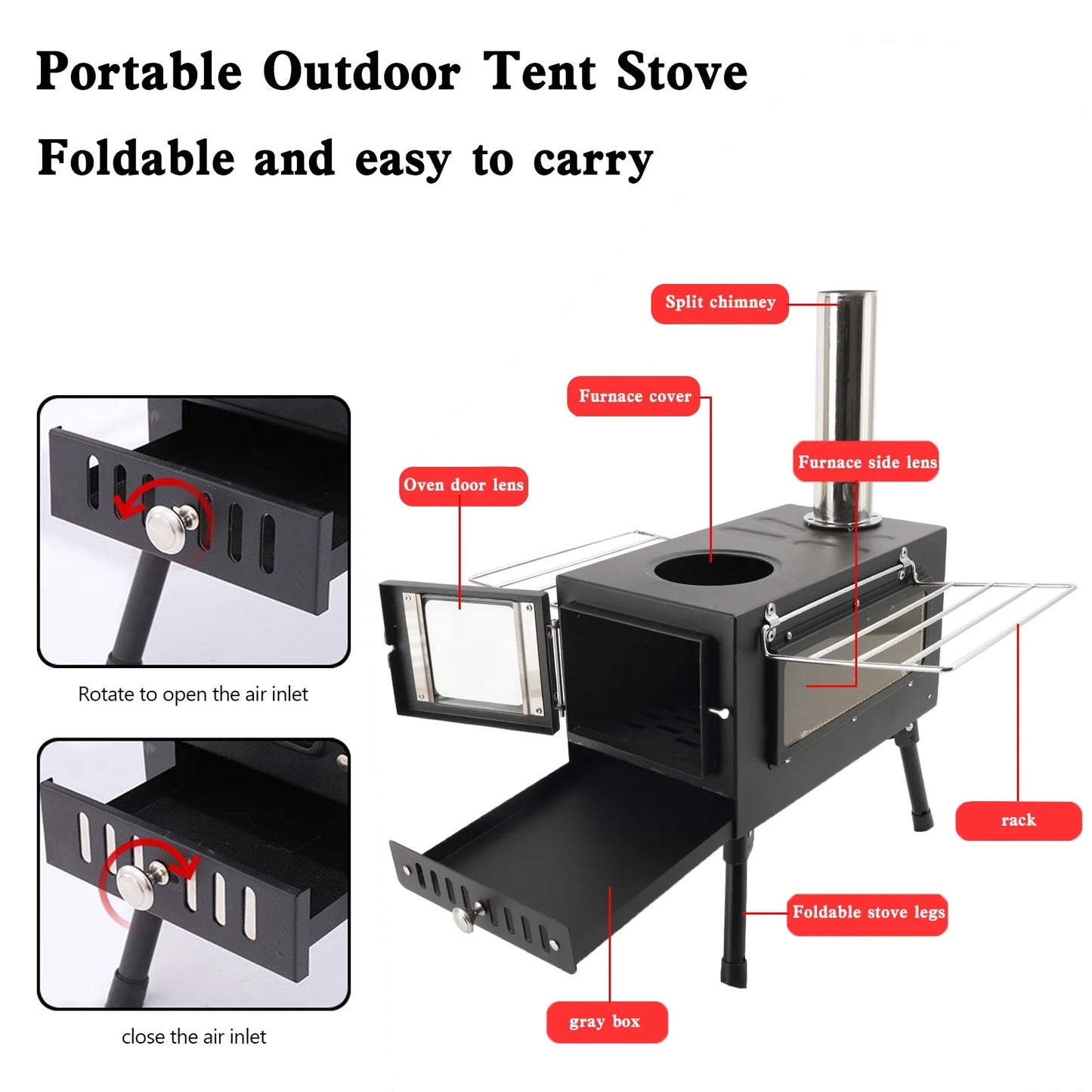 Camping Tent Stove with Window and Chimney Pipe, Portable Wood Burning Stove A67642
