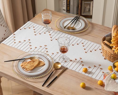 Christmas Table Runner 13 x 90 Inch Natural Cotton Woven with Tassels, Red and Beige U800