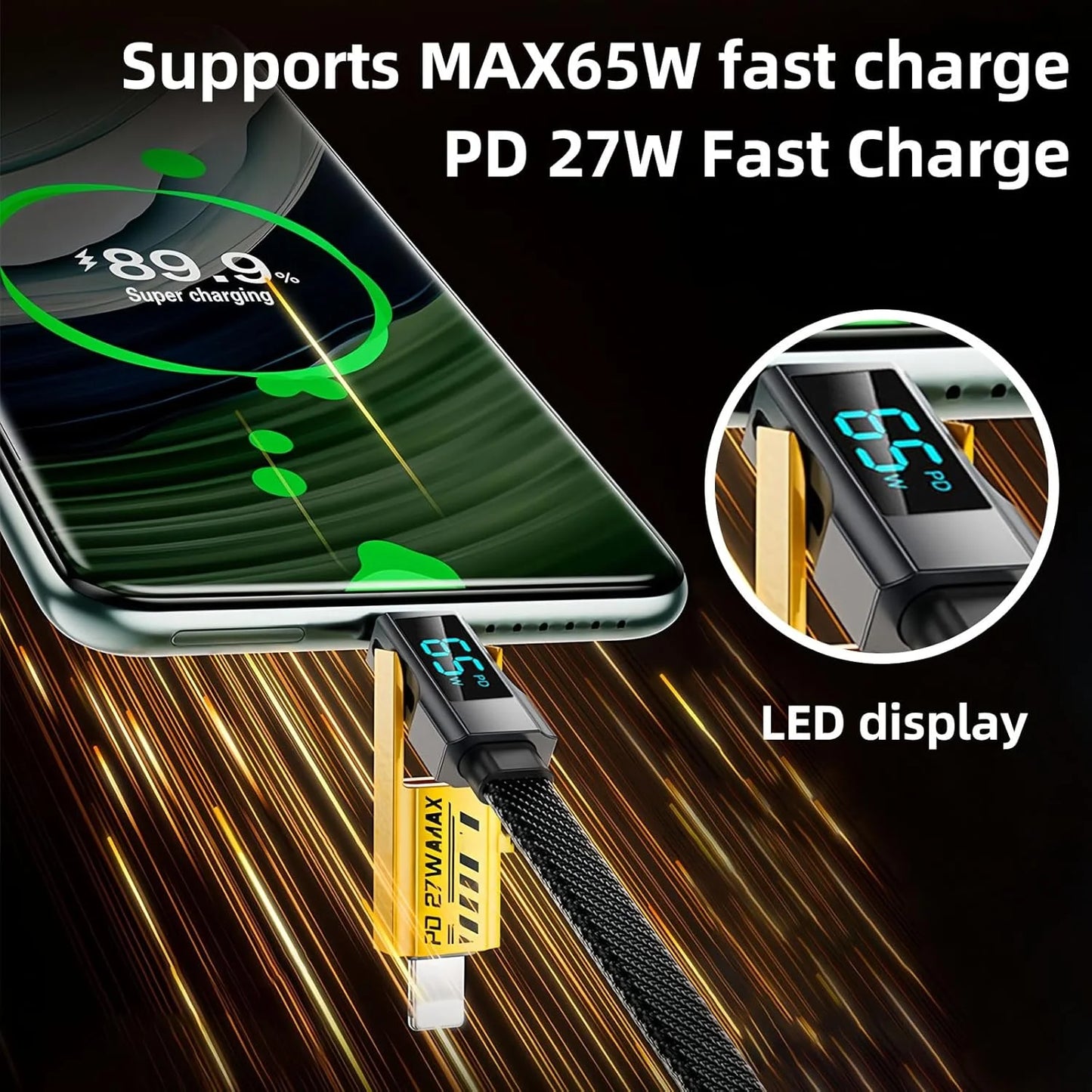 USB 65W 4-in-1 fast charging cable 6.6FT with LED display D287341