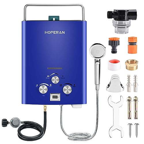 Outdoor Propane Water Heater - 1.6GPM 6L Portable Gas Water Heater, Easy to Install, Propane Tankless Water Heater, Instant Hot Water for Shower - Use for RV Cabin Camping Boat, Blue