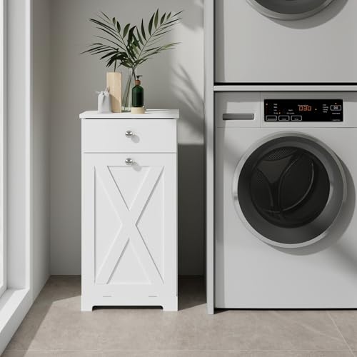 Tilt Out Laundry Hamper Cabinet with Drawer, White B374327
