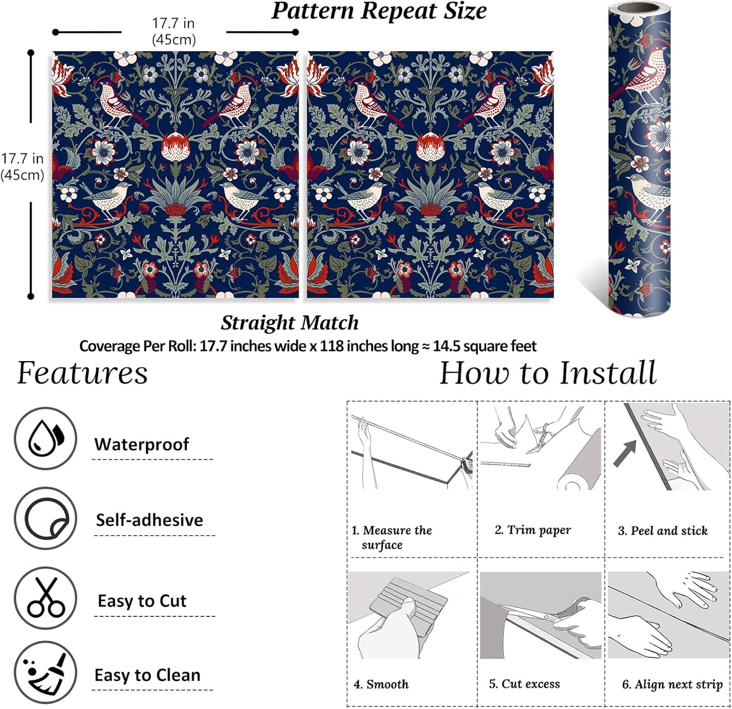 Vintage Floral Peel and Stick Wallpaper, Navy Blue, Removable G71581