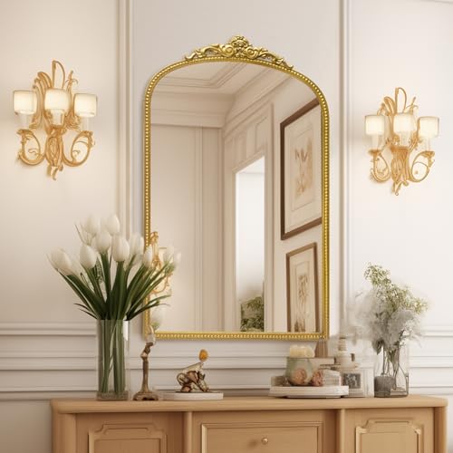 Antique Gold Arch Bathroom Mirror with Beaded Frame L766958