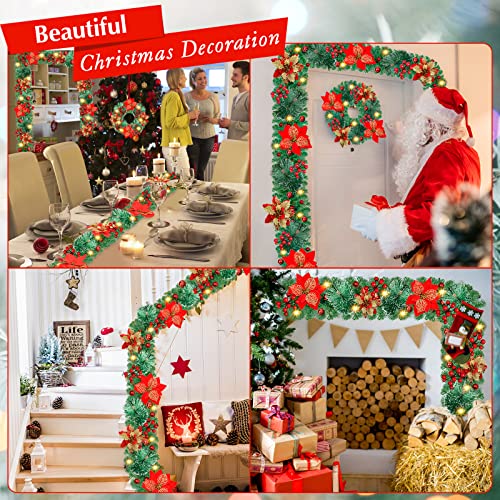 Pre-lit Christmas Garland with LED Lights, Red Flowers and Berries C561701