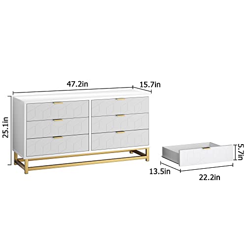 White 6 Drawer Dresser for Bedroom, Modern Wood Chest with Metal Legs J134
