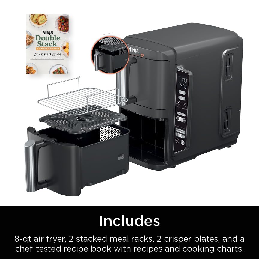 Air Fryer, 8 QT DoubleStack 2-Basket, 6-in-1, Roast & Bake, Dishwasher Safe N927