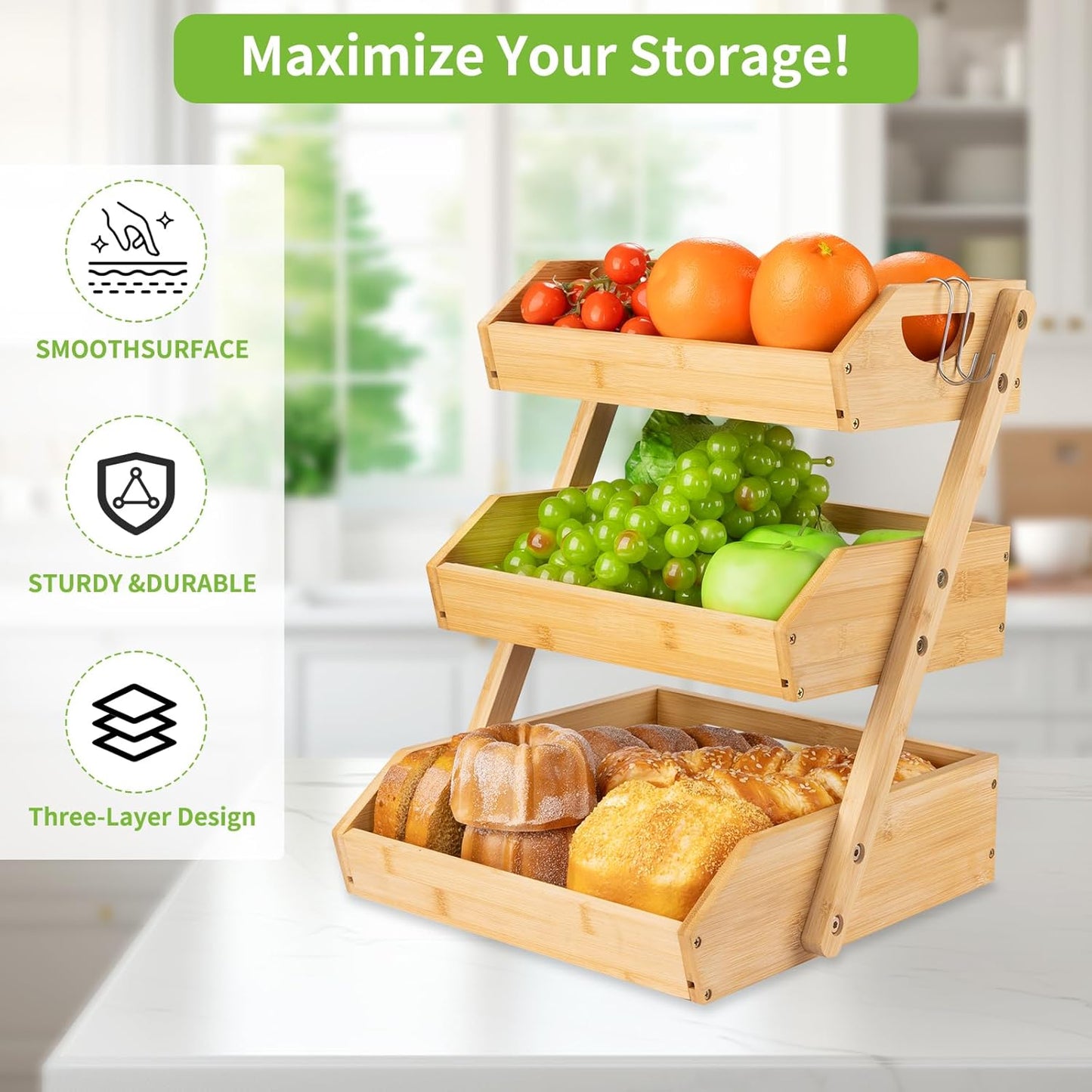 Bamboo 3-Tier Fruit Basket with Banana Hook X626