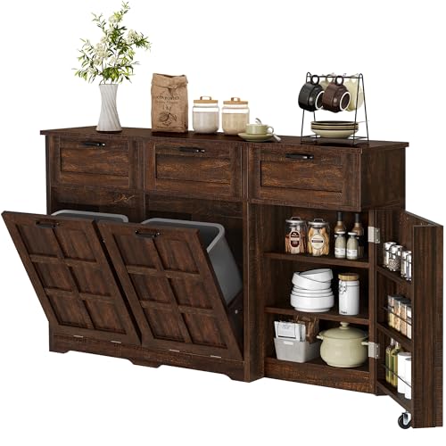 DWVO Double Trash Can Kitchen, Tilt Out Trash Can Cabinet with Drawers, Kitchen Island with Trash Can Storage, Hidden Trash Can Cabinet 20 Gallon, Laundry Hamper Cabinet, Brown Oak