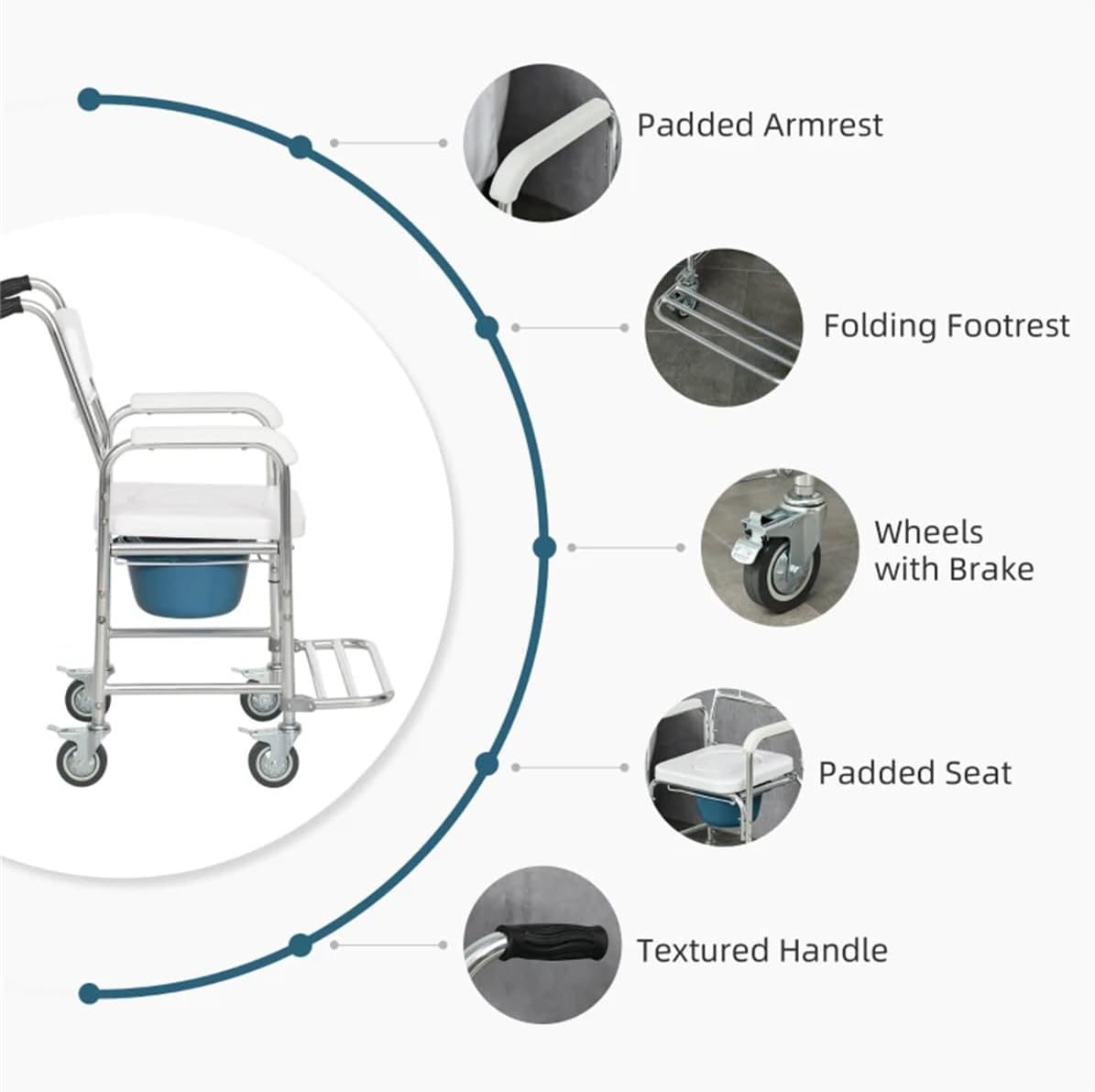 Shower Wheelchair with Commode, Lockable Wheels, Adjustable G369