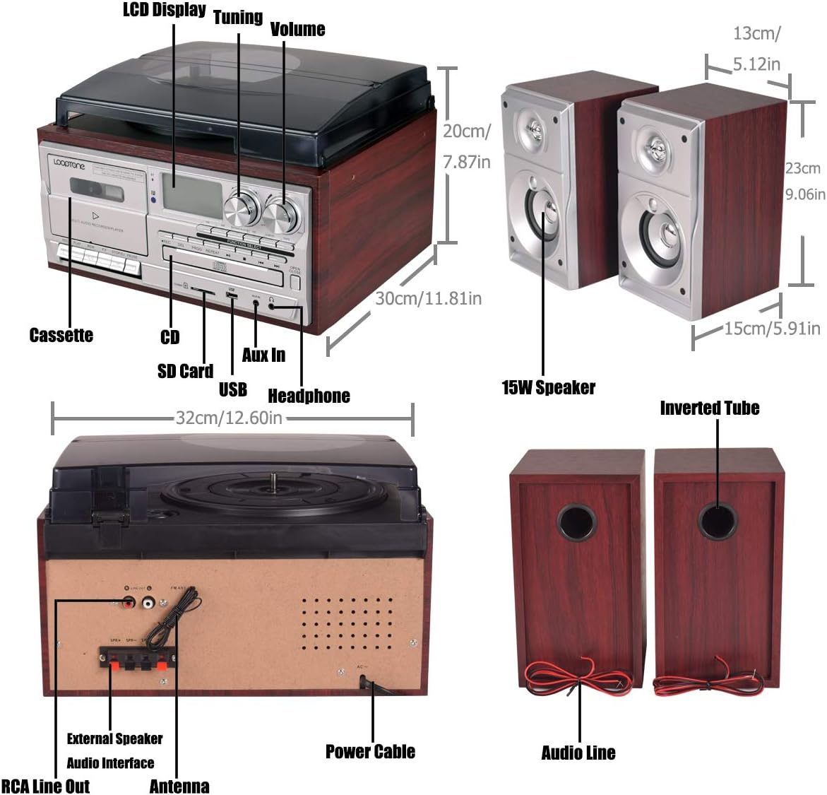 Vinyl Record Player with Dual 15W Speakers, Bluetooth, 3-Speed Turntable Z698