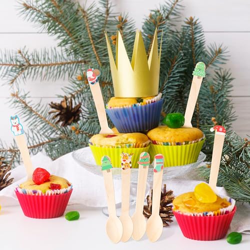 Christmas Wooden Spoons 100 Pack Disposable with Snowman Tree Tags U995