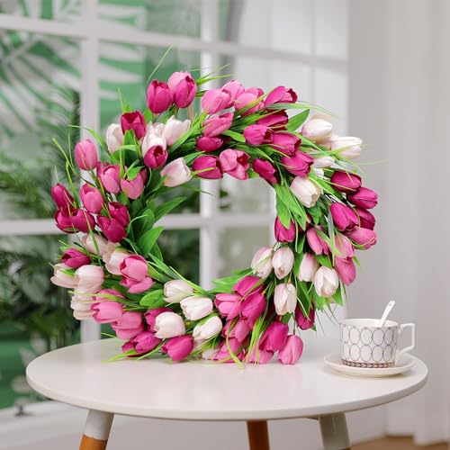 20 Inch Tulip Wreath with Green Leaves for Front Door Spring Summer Decor U547