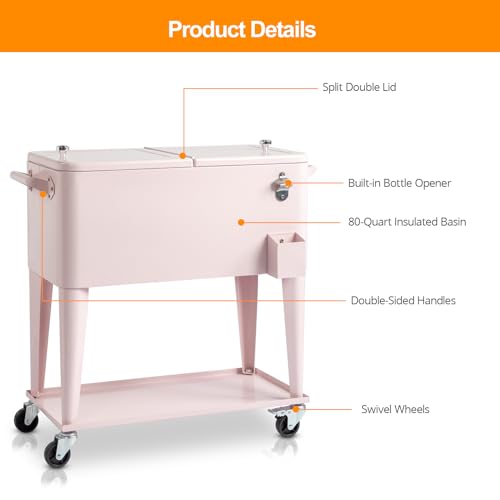 80 Quart Rolling Ice Chest with Wheels, Portable Drink Cooler Cart with Shelf Q865