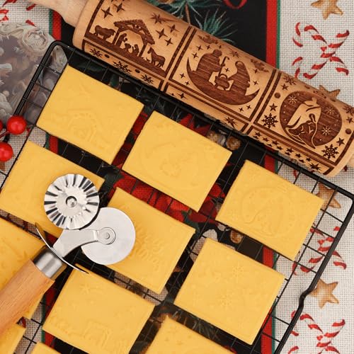 Wooden Rolling Pin for Baking with Christmas Embossed Designs, Includes Cleaning Brush O863