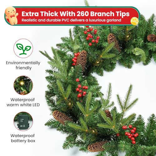 9ft Pre-Lit Christmas Garland with Pine Cones & Red Berries G88783