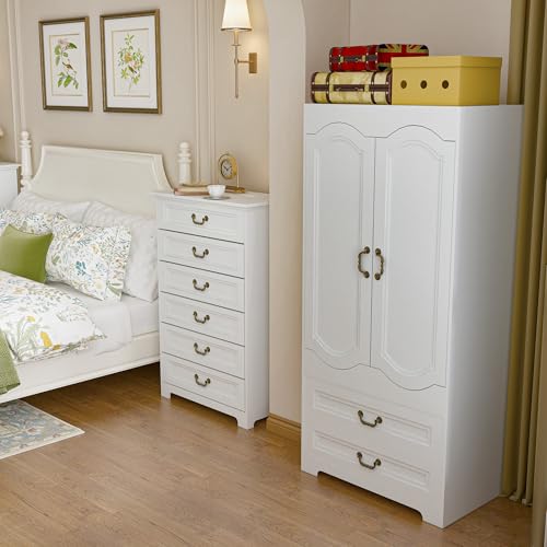 2 Door Wardrobe with 2 Drawer, White Vintage Armoire with Clothing Rod, 67" Tall Wooden Closet Cabinet for Bedroom Z7390
