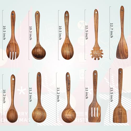 Christmas Wooden Spoons for Cooking, 10 Pcs Natural Teak Kitchen Utensils Set S557967