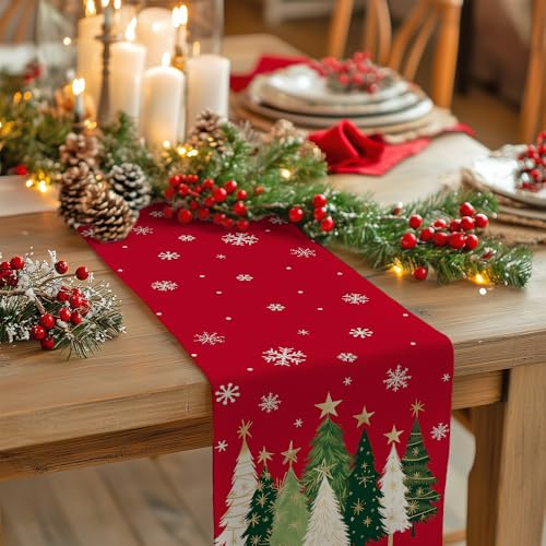Christmas Table Runner 13x72 Inch, Red Winter Holiday Decor S612