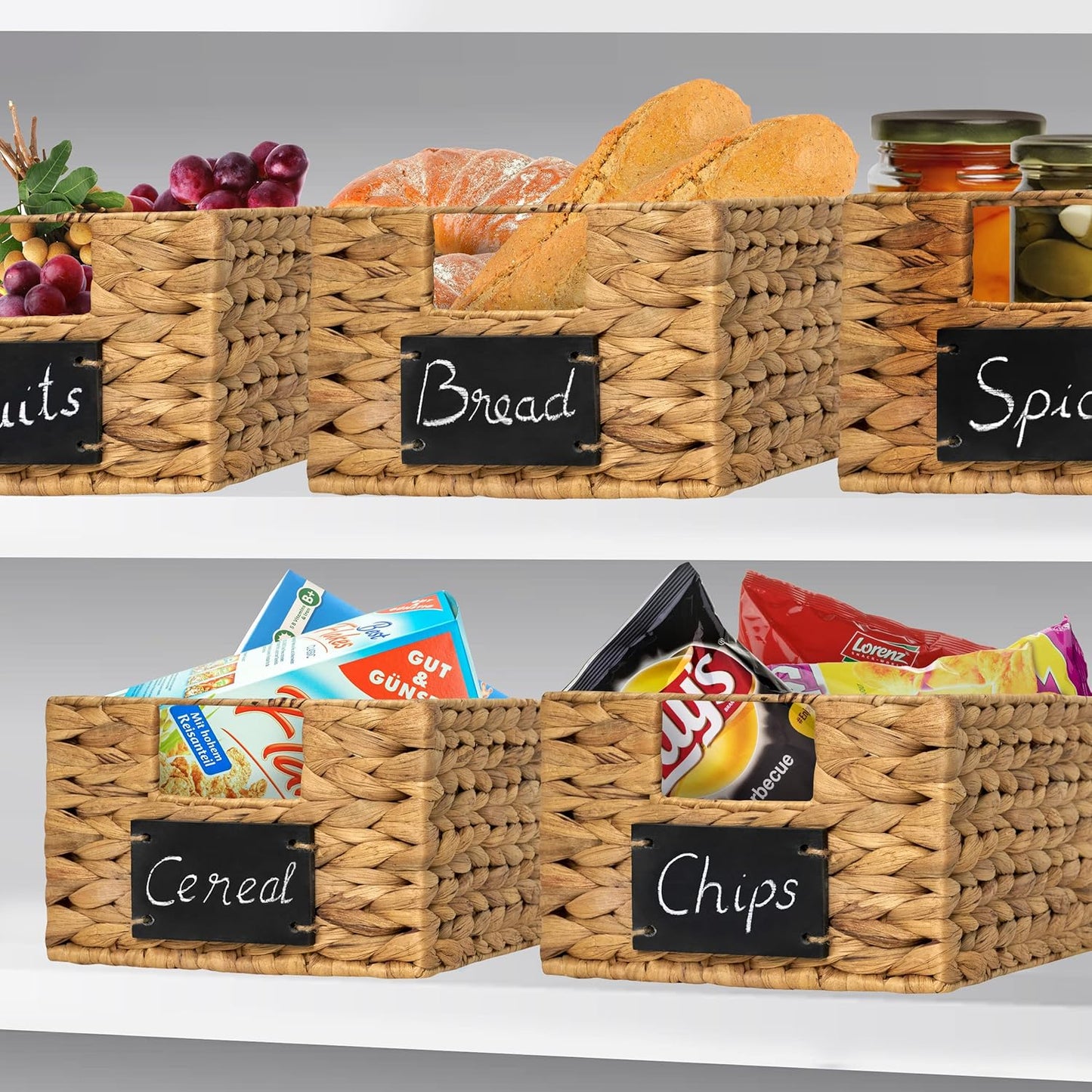 Natural Water Hyacinth Woven Storage Baskets, Rectangular Wicker Basket with Handles, Set of 6 U917104