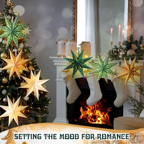 12 Pcs Christmas Paper Star Lantern 9 Point Hanging Ornament with String Light H44991