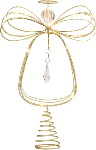 Lighted Christmas Tree Topper Angel with Timer, 10 Inch Pre-Lit Gold Metal I955