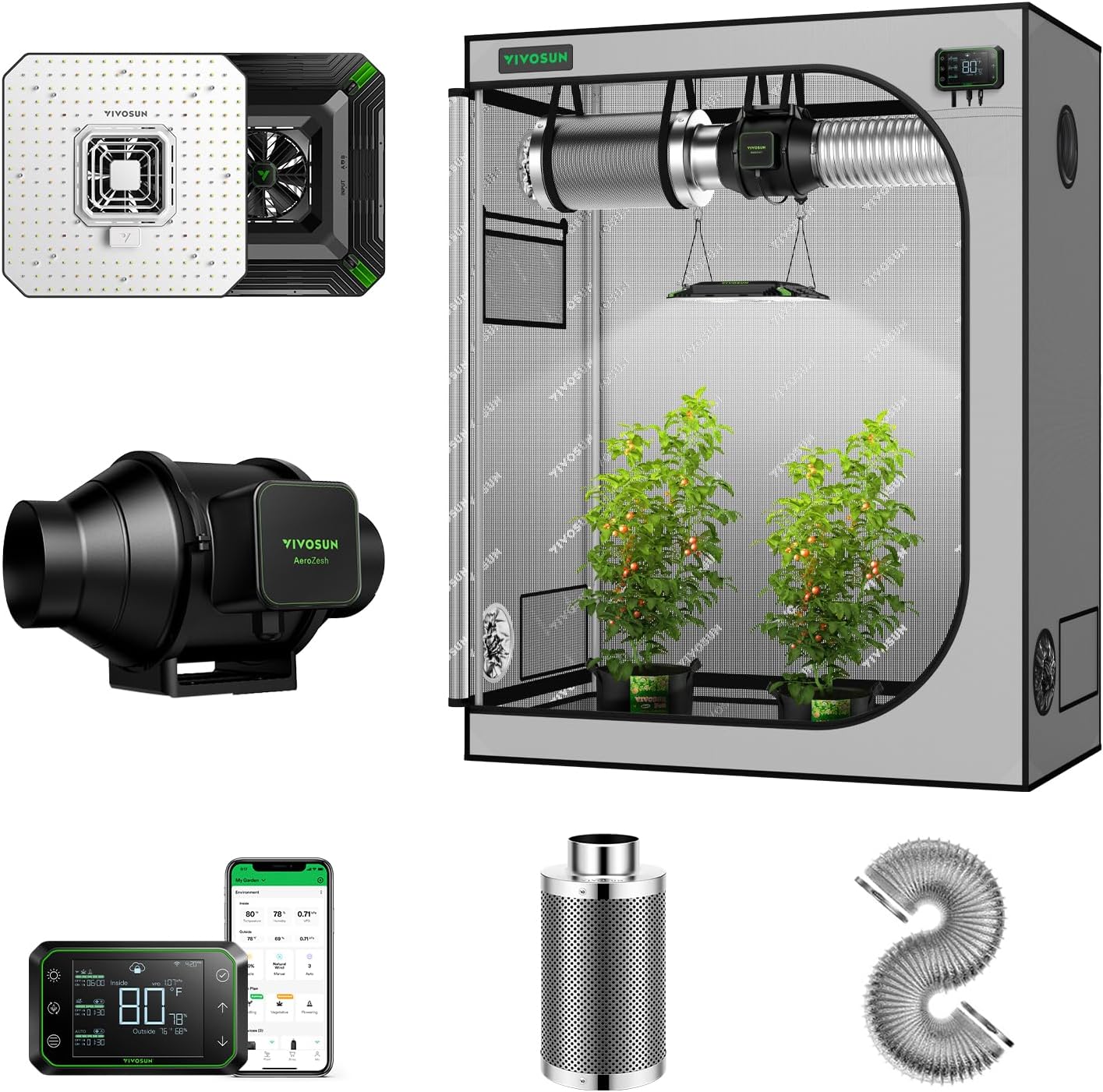 VIVOSUN G425 48"x24"x60" Grow Tent Kit, Smart Grow System with AeroLight A100 100W LED Grow Light, 4 Inch Air Carbon Filter Smellines Control and 4-Inch 25-Ft. Air Ducting