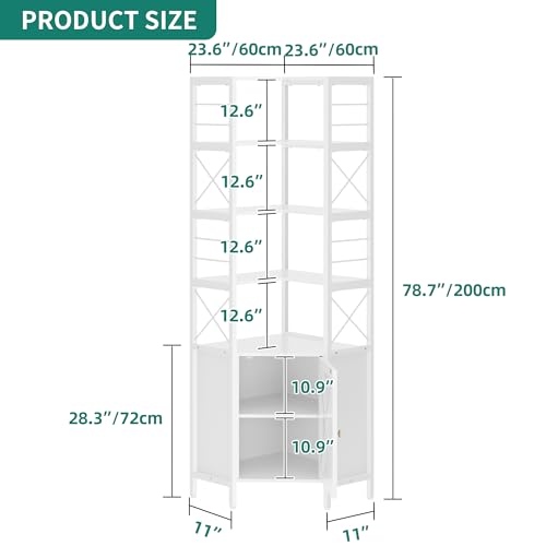 Corner Bookshelf with Storage, 7-Tier Shelf with Doors, White V9182