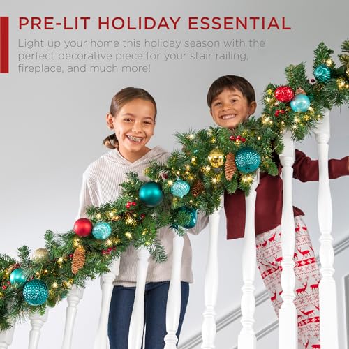 9ft Pre-Lit Christmas Garland for Stairs, Fireplace with 50 Lights W212