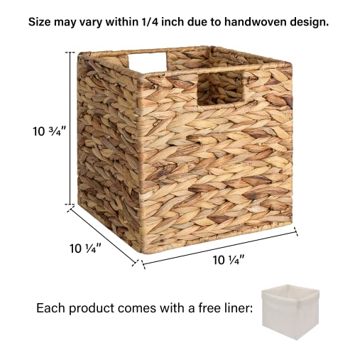 Wicker Storage Cubes with Liners, Water Hyacinth Baskets for Shelving, Handwoven Square Baskets, Medium, 4 Pack D5574