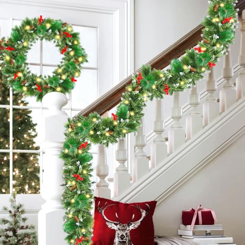 Christmas Garland with Lights, 50 LEDs 9FT Prelit Garland Battery Operated Outdoor Indoor Christmas Decorations Lighted Garland for Stairs Railing Fireplace Mantle Front Door Home Holiday Decor