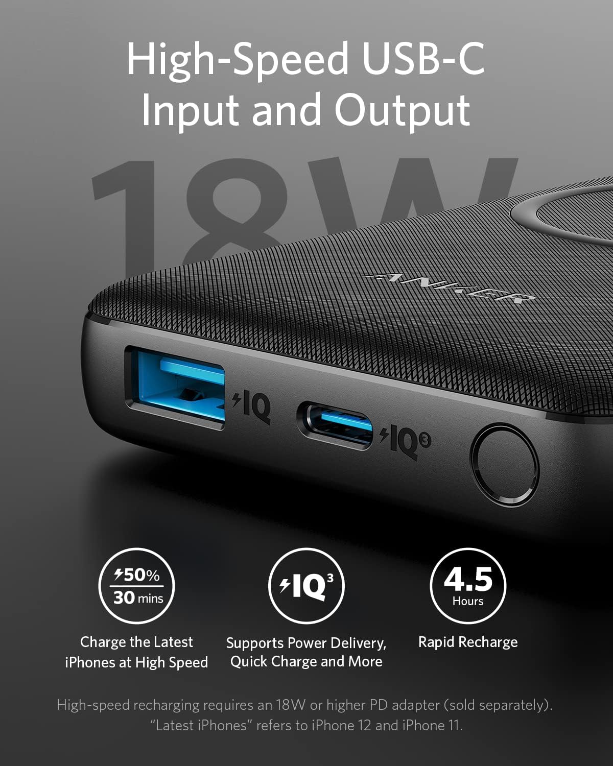 10,000 mAh Wireless Portable Charger with 10W Qi-Certified Charging and 18W USB-C Quick Charge O4441
