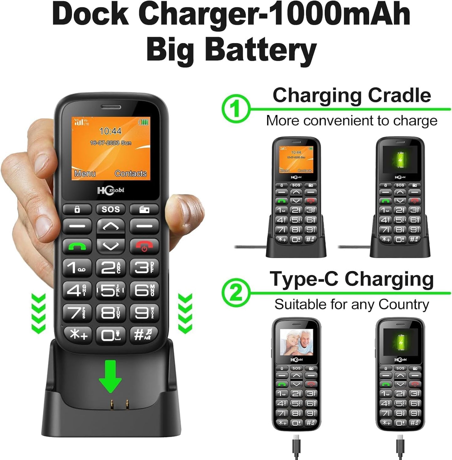 Unlocked Cell Phones for Seniors, Big Button with SOS, Type-C Charging Dock, Dual-SIM A527