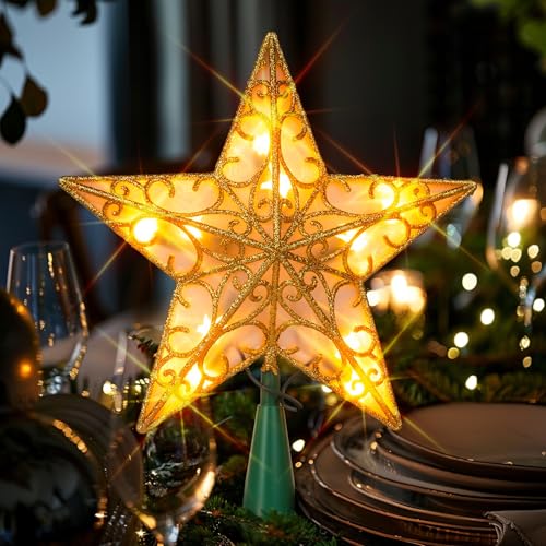 Glitter Christmas Tree Topper with Lights, Gold H661953