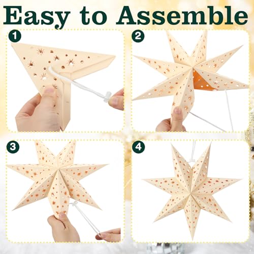 12 Pcs Christmas Paper Star Lantern 9 Point Hanging Ornament with String Light H44991