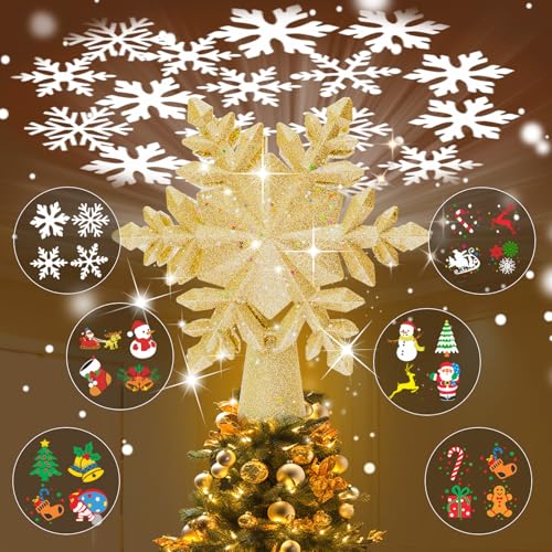 Silver 3D Glitter Christmas Tree Topper with LED Rotating Lights Q176