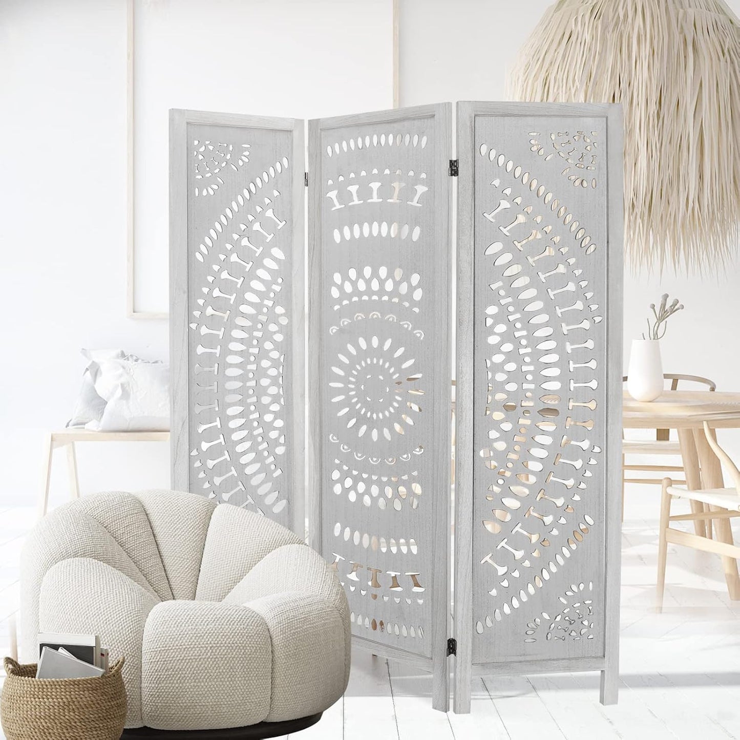 3 Panel Carved Wood Room Divider, 5.6ft Tall Folding Privacy Screen, White L96025