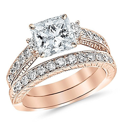 14K White Gold 2 Carat LAB GROWN DIAMOND Three Stone Vintage With Milgrain & Filigree Bridal Set with Wedding Band & Princess Cut Diamond Engagement Ring (G-H Color VS2-SI1 Clarity 1 Ct Center)