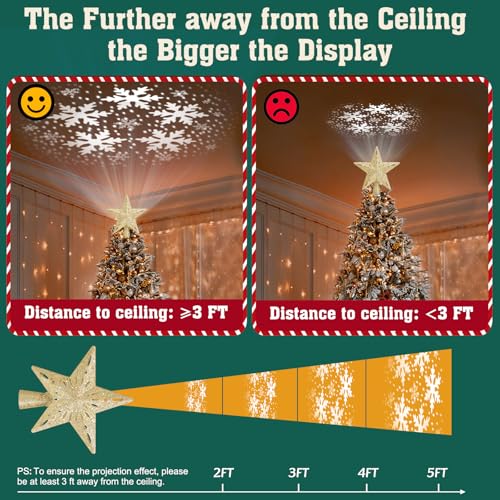 Christmas Tree Topper Lighted with 6 Projection Slides, Snowflake LED Rotating 3D Glitter Tree Topper O28849