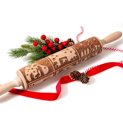 Wooden Rolling Pin for Baking with Christmas Embossed Designs, Includes Cleaning Brush O863