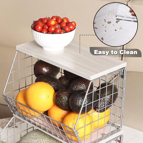 Stackable Wall Mounted Fruit Basket with Wood Lid, 2-Tier Vegetable Organizer Y4454