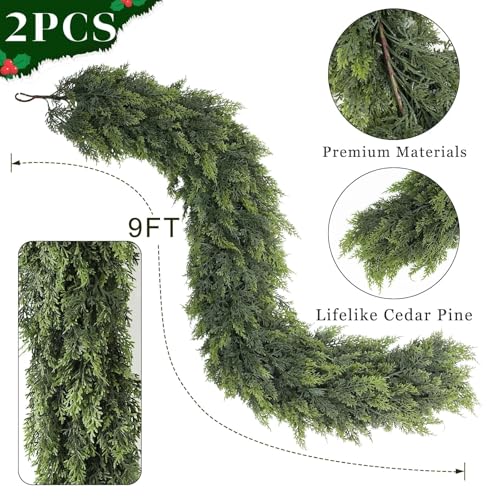 9ft Cedar Garland for Fireplace - Artificial Christmas Garland with Realistic Faux Pine Needles U95208