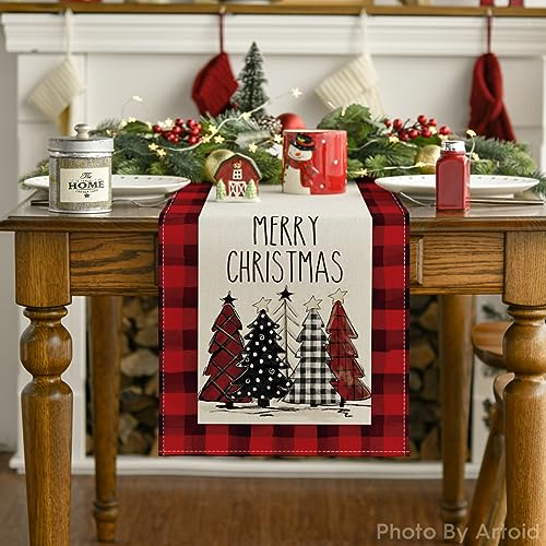 Buffalo Plaid Christmas Trees Table Runner, Winter Holiday Kitchen Dining Decor, 13 x 108 Inch A940