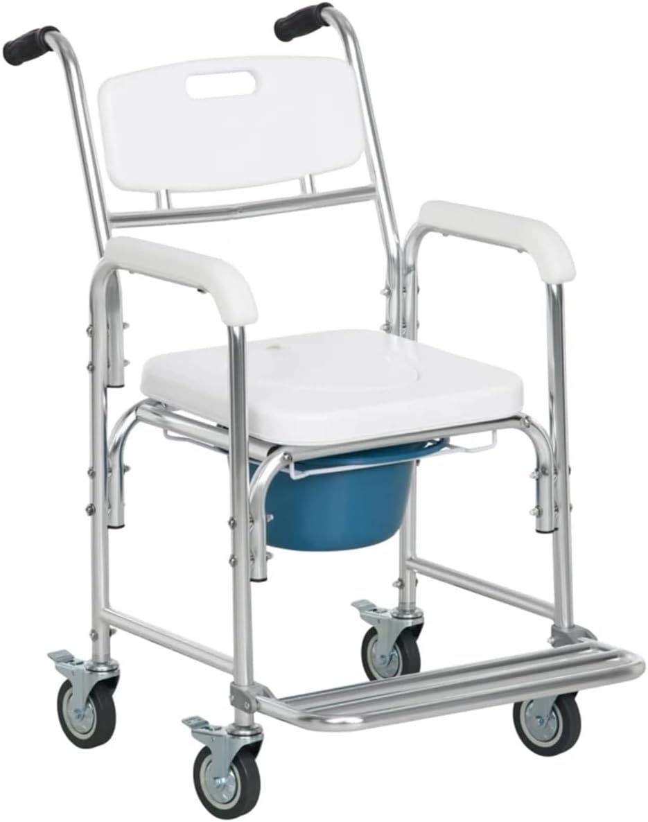 Shower Commode Wheelchair, Waterproof Rolling Over Toilet Chair with Padded Seat