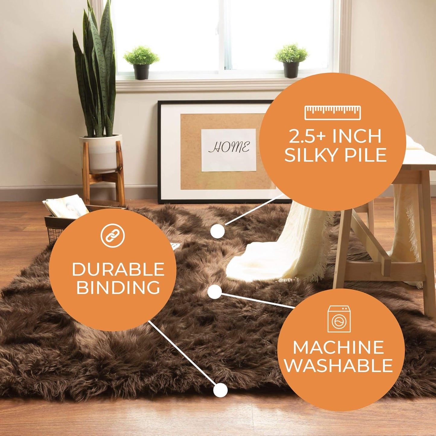 Faux Sheepskin Area Rug, Dark Brown 5 x 7 Feet O228