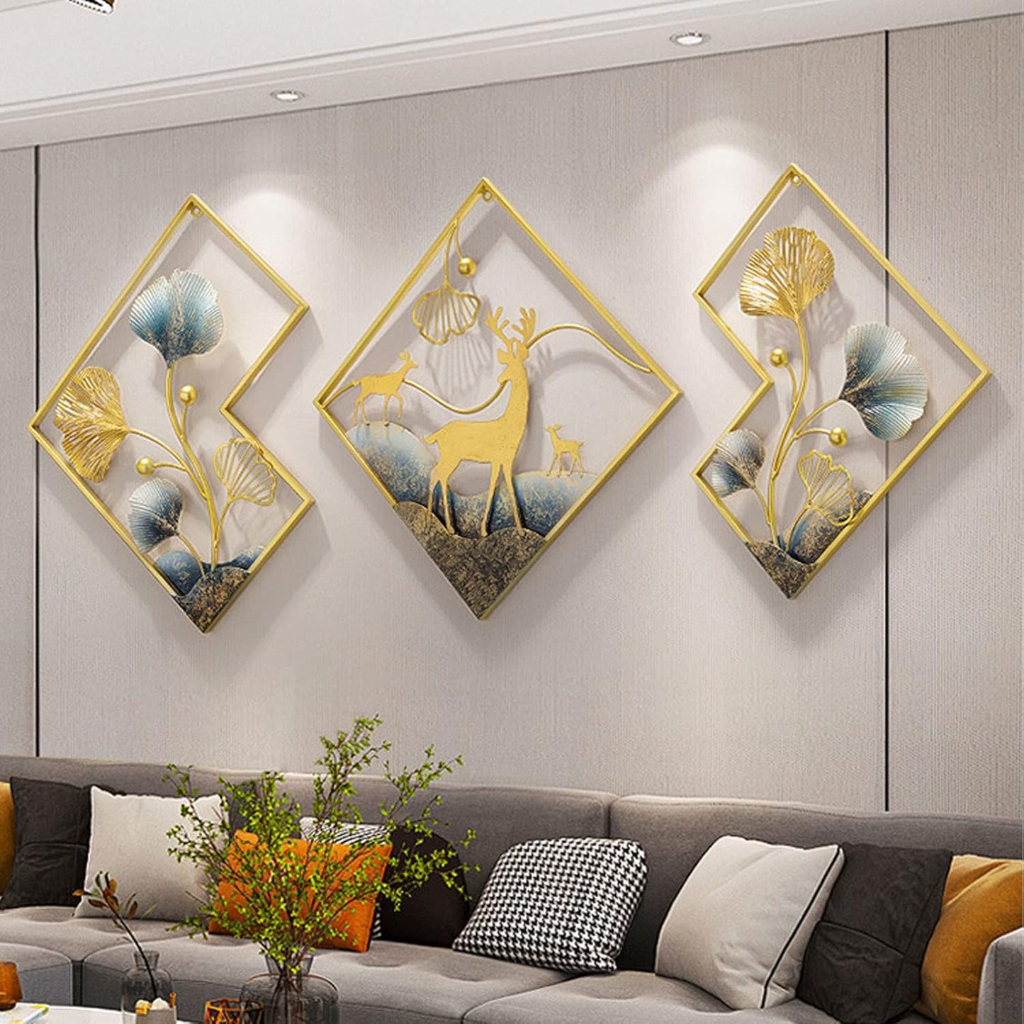 Metal Wall Art Gold Deer 3 Piece Large 3D Ginkgo Leaf 78x27in W631274