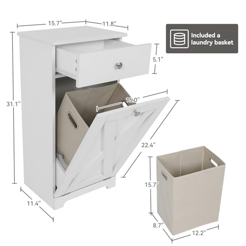 Tilt Out Laundry Hamper Cabinet with Drawer, White B374327