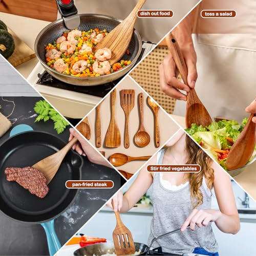 Christmas Wooden Spoons for Cooking, 10 Pcs Natural Teak Kitchen Utensils Set S557967