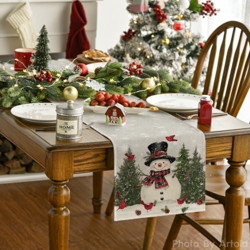 Snowman Christmas Birds Trees Table Runner, Winter Holiday Kitchen Dining Table Decoration, 13 x 72 Inch Z2031